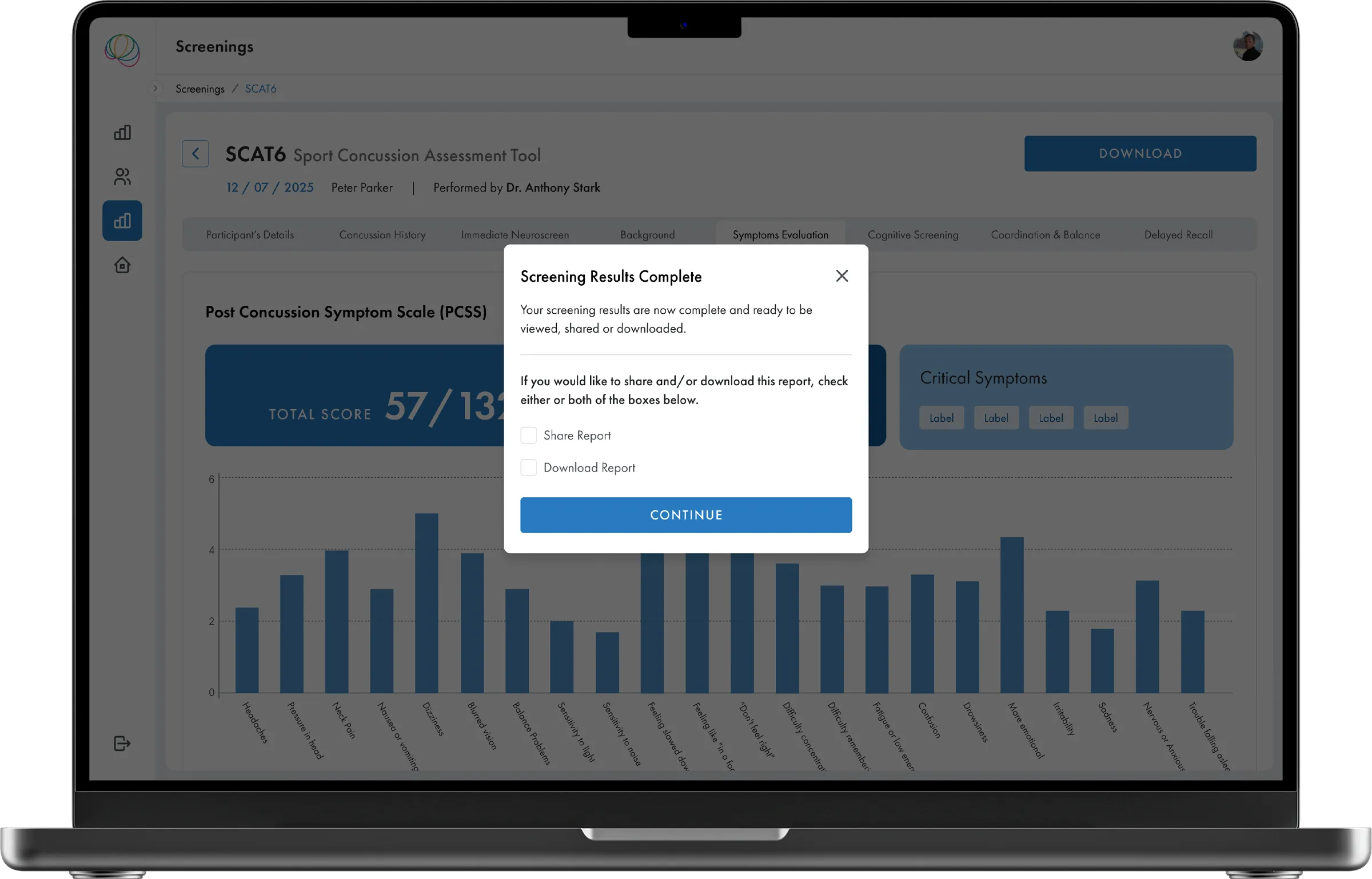 ScreenIT SCAT6 concussion screening results showing symptom scores and downloadable report