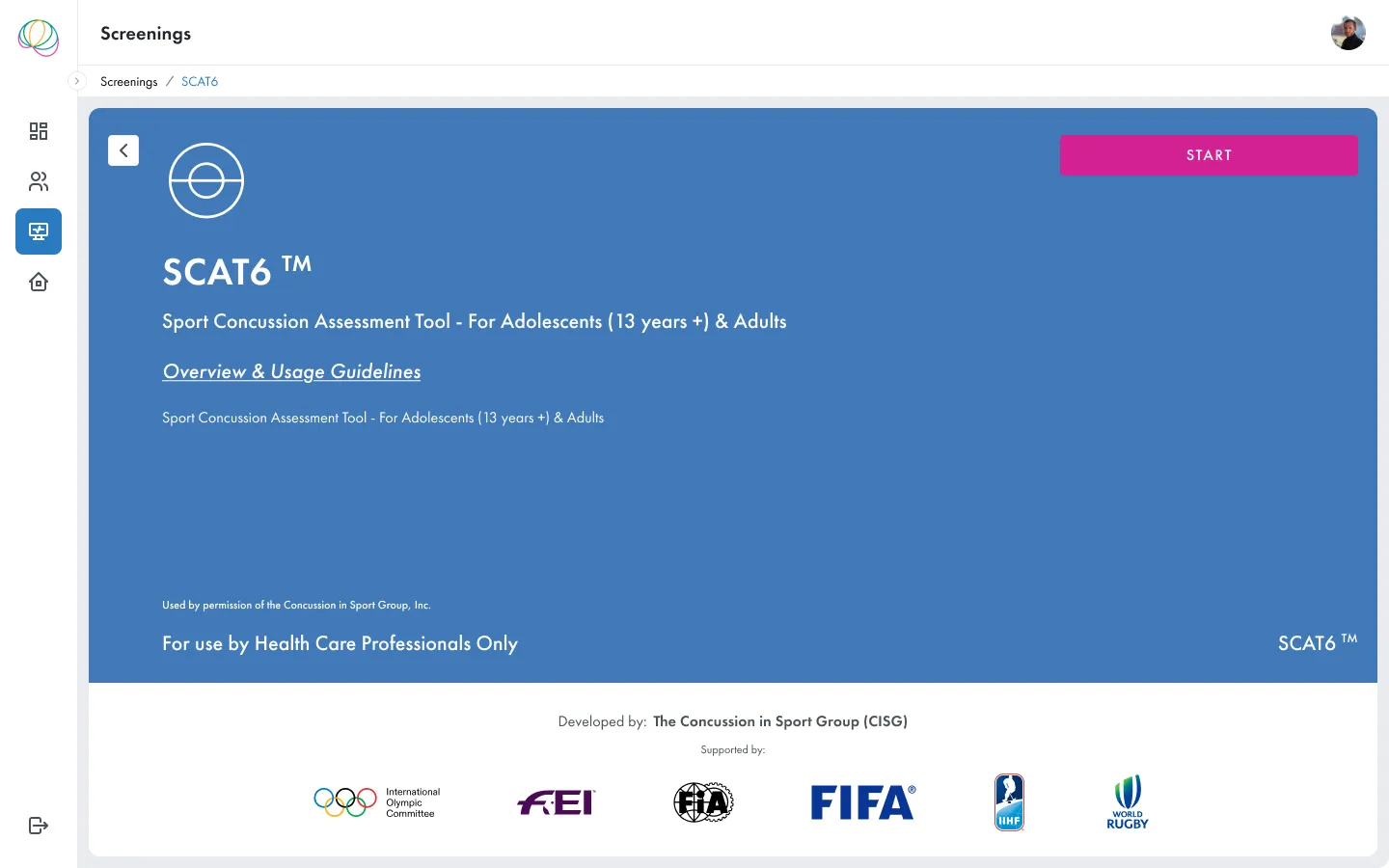 SCAT6 digital assessment interface in ScreenIT with CISG approval and FIFA IOC World Rugby endorsement logos