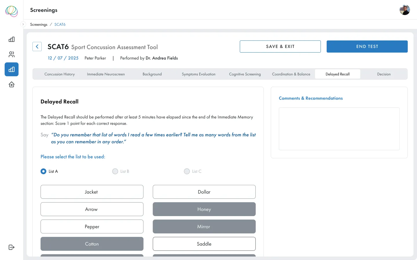 SCAT6 delayed recall cognitive test showing word selection interface for memory assessment