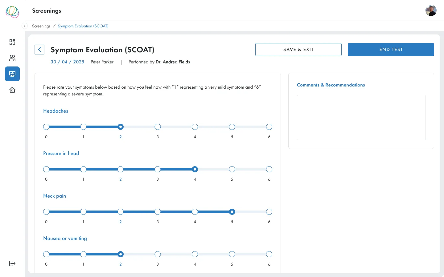 Symptom evaluation interface with interactive severity sliders for SCOAT concussion assessment