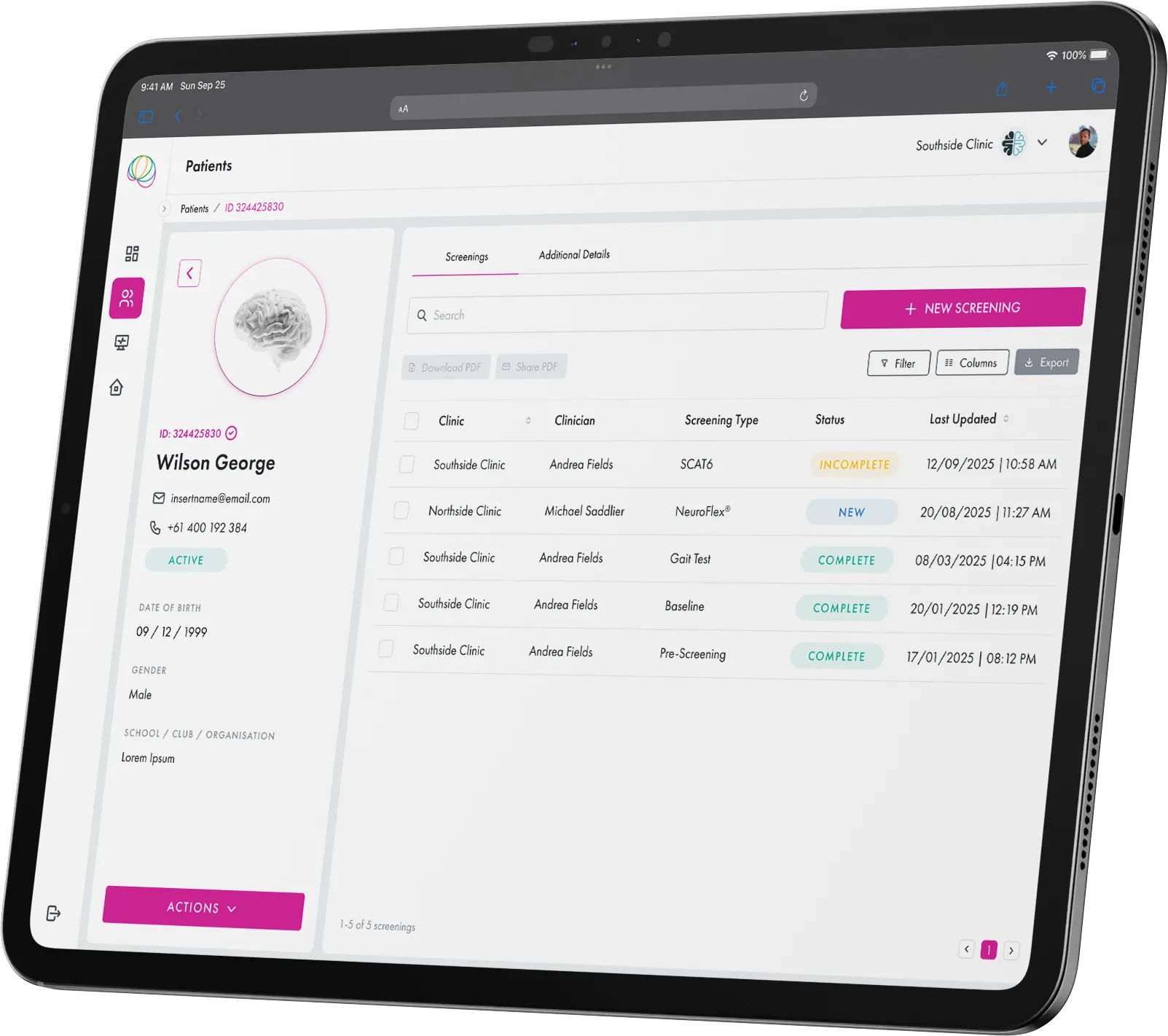 ScreenIT patient profile view showing individual screening history with assessment types and completion status on tablet